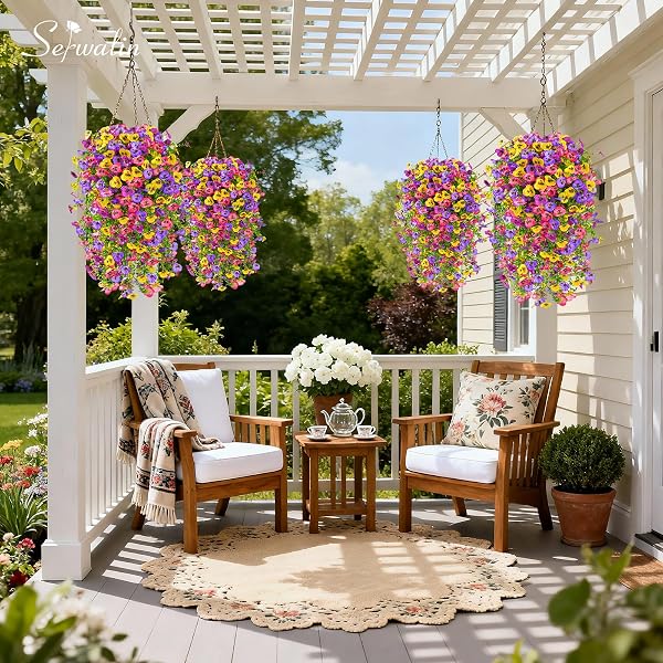SERWALIN ARTIFICIAL FAKE HANGING FLOWERS FOR OUTDOORS PLANTERS,6PCS UV RESISTANT FAUX PANSY SPRING FLOWERS FOR OUTSIDE PORCH PATIO GARDEN WINDOW BOX (MIXED COLORS)