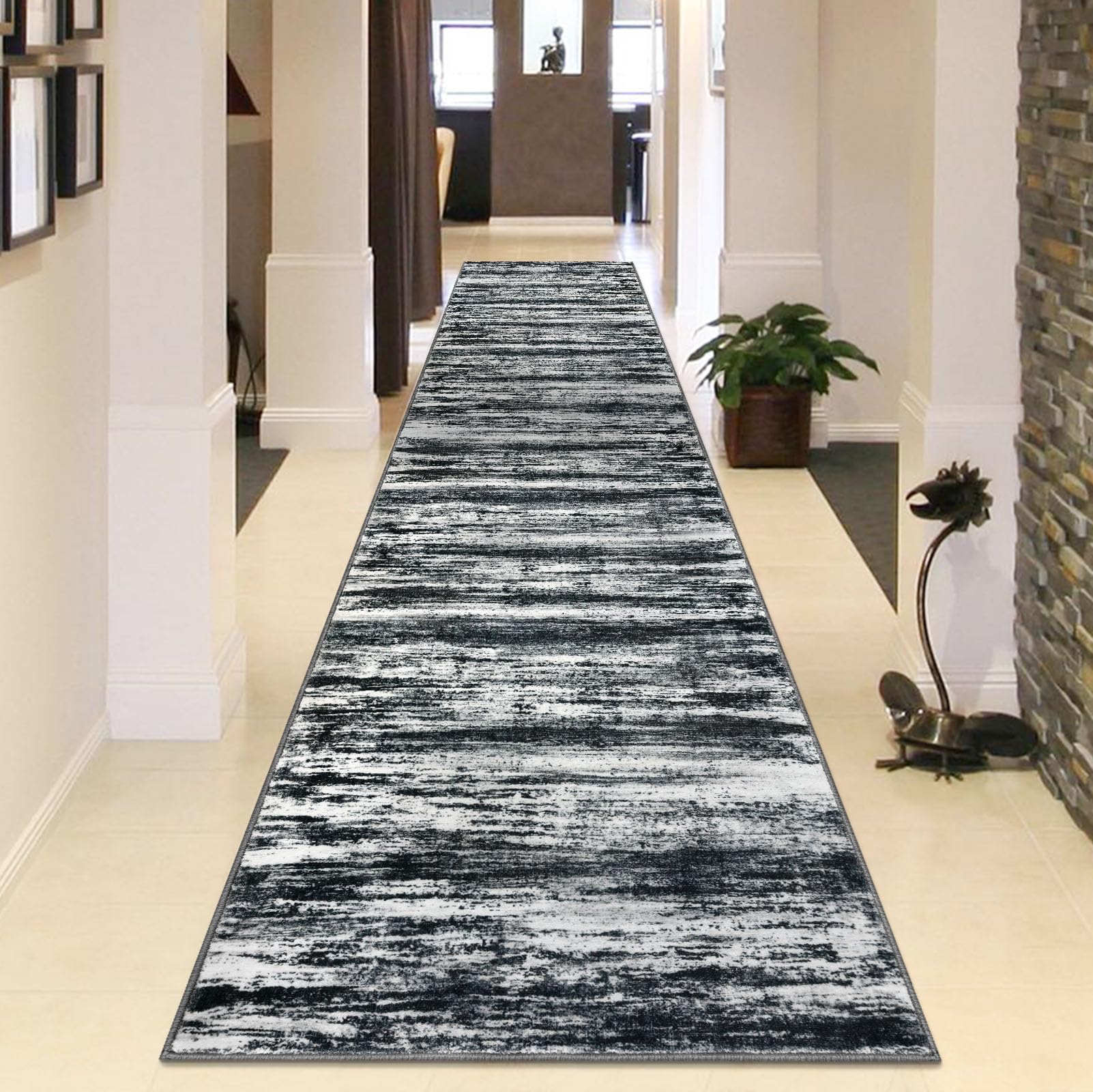 KOZYFLY Modern Abstract Washable Rug Runner 2.6x14 Hallway Rug Runner Non-Slip Soft Kitchen Runner Rugs, Black Navy Blue Grey Striped Carpet for Entryway Bathroom Laundry Room Foyer Image