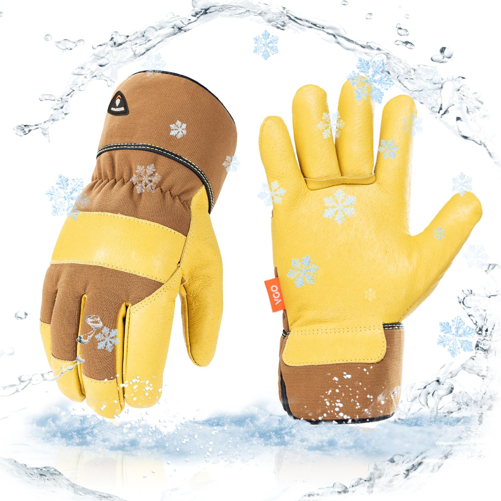 Vgo... 5℃/41°F Warm Winter Safety Pigskin Leather Work Gloves Men,Rigger Gloves,Builder Gloves,Construction gloves 1Pair PA3501FLWP (Brown+Yellow,S)