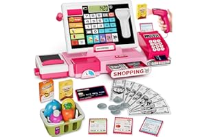HYES Kids Cash Register Toy Playset with Real Calculator, Toddler Pretend Play Store incl Scanner/Credit Card/Play Money/Conveyor/Food Toys, Learning Toys Gifts for Girls Ages 4-8 8-12, Pink