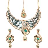 Touchstone Indian Hollywood Fashion Handcrafted White Or Blue Rhinestone Traditional Designer Jewelry Necklace Set In Blue Tone For Women.