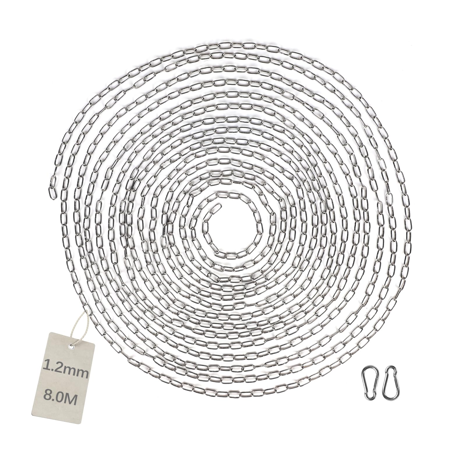 EXLECO 8 m Stainless Steel Chain Diameter 1.2 mm Steel Chain Link Chain Barrier Chain Decorative Chain with 2 Carabiner Hooks Metal Chain for Hanging Dog Chain Anchor Chain Round Link Chain Long Link
