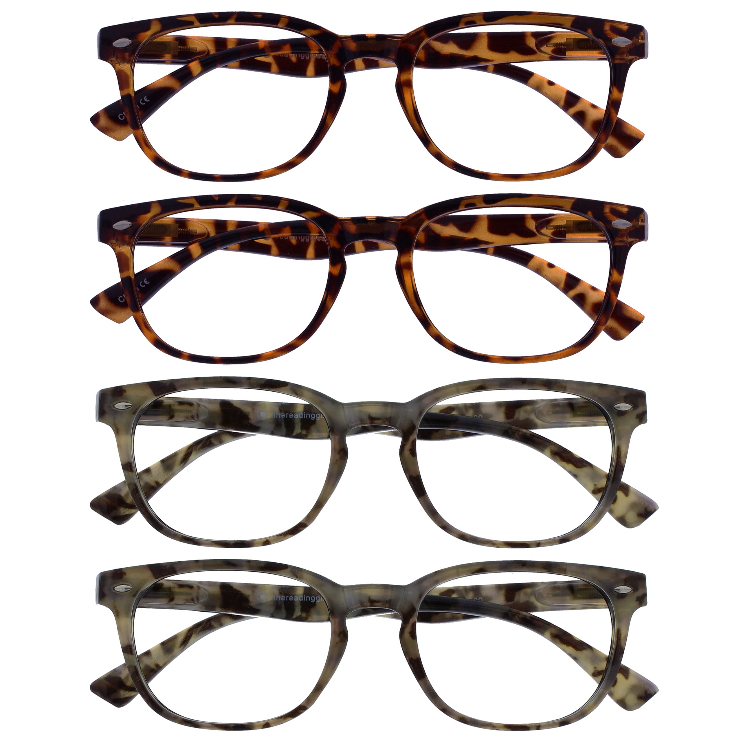 OPULIZE ORA Reading Glasses for Men Women - 4 Pack - Designer Style Rounded Frame - Scratch Resistant Lens - Spring Hinges - 2 Brown & Grey Tortoiseshell +3.00