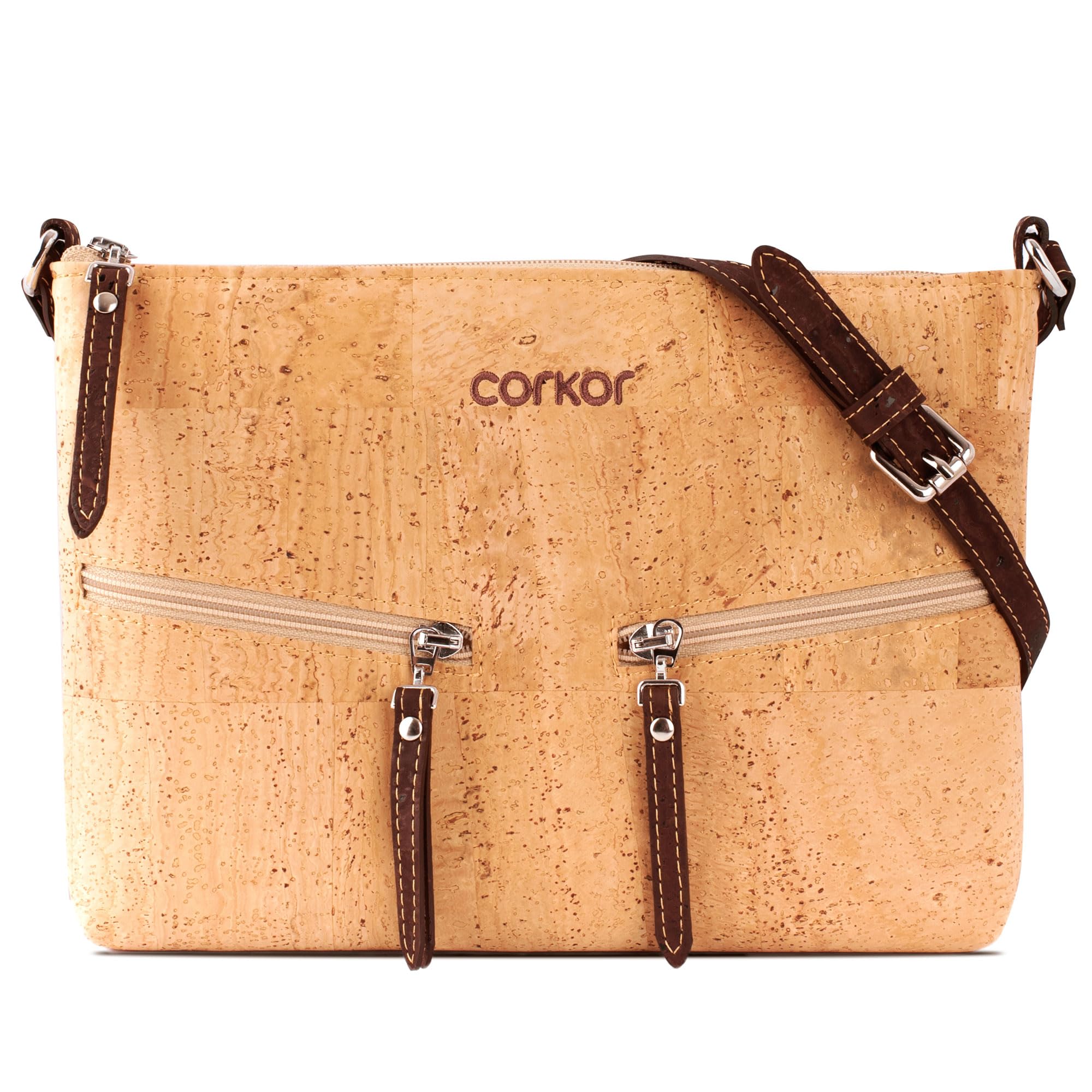 Corkor Across Body Bag for Women Front Pockets Cross Body Strap Vegan Leather Cork Light Brown Color