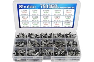SHUTAO 750 Pcs Transistor Kit A1015 C945 C1815 S8050 S8550 S9012 S9013 S9014 S9015 S9018 2N2222 2N3904 2N3906 2N5401 2N5551 15 Values PNP NPN Power Transistors Assortment Kit
