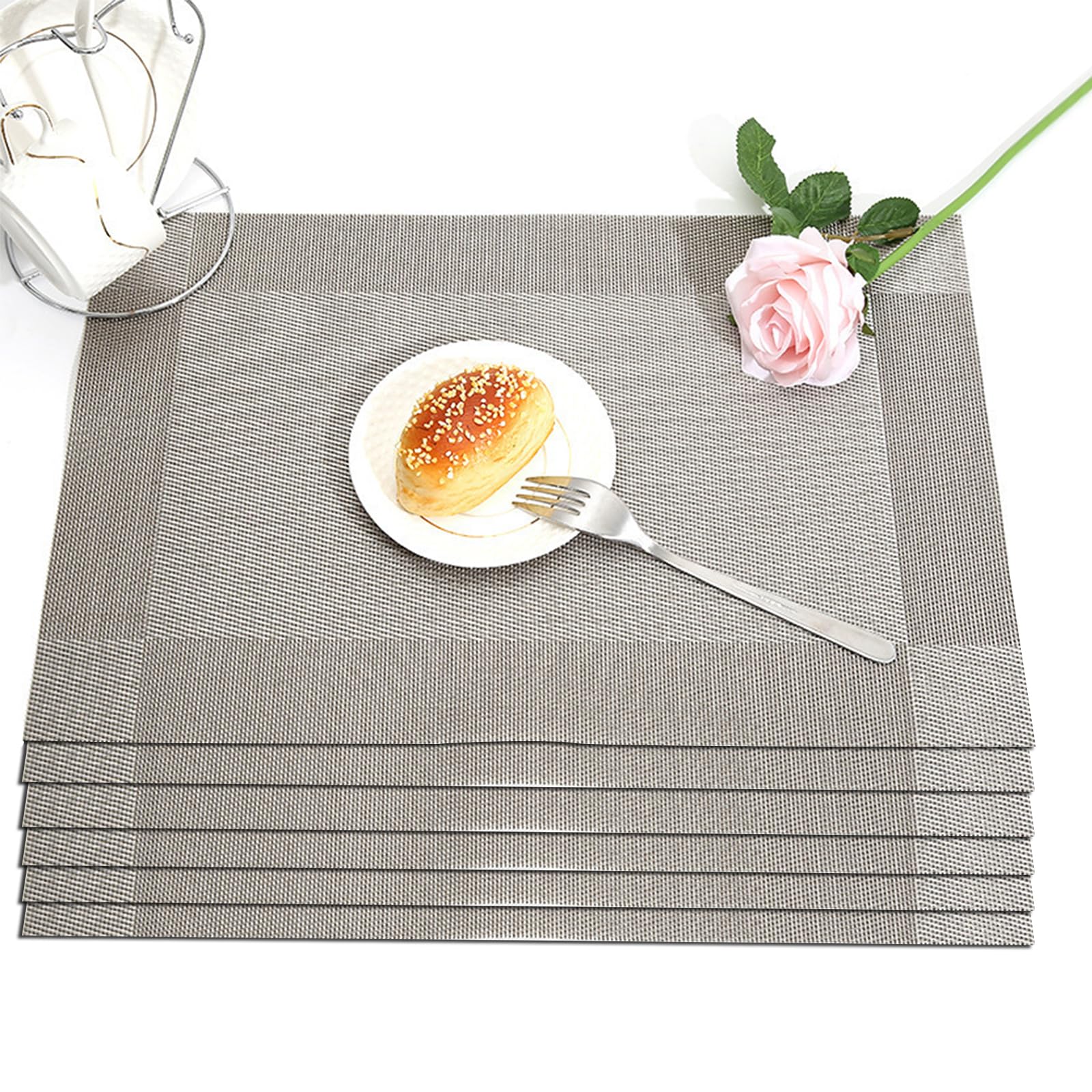 Soulnioi Placemats Set of 6, PVC Washable Table Mats Heat Resistant Dinner Plate Mats for Kitchen, Dining Table, Restaurant Home Deocr - Grey