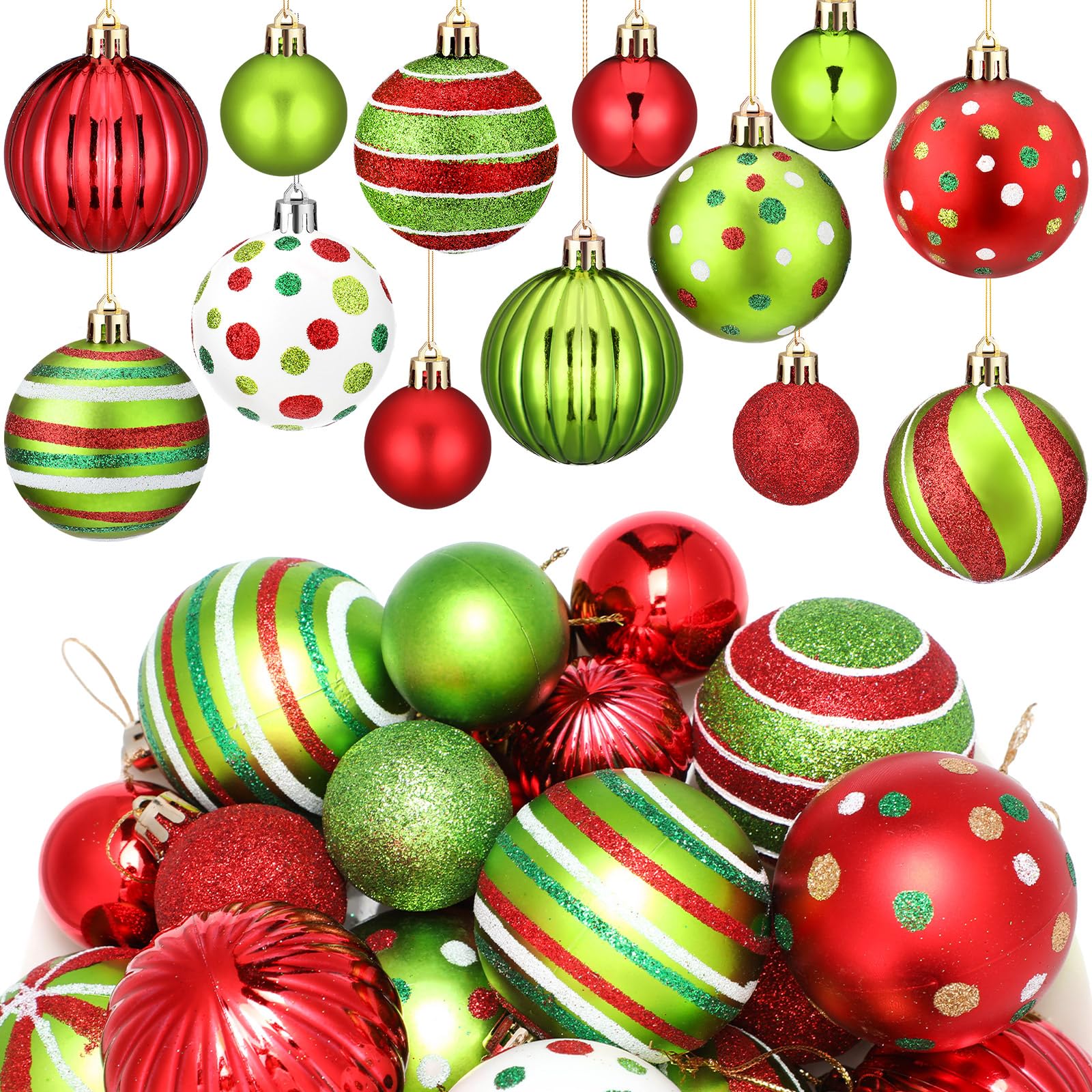 Photo 1 of PullCrease 48 Pcs Christmas Ball Ornaments 1.6'' 2.4'' Red Lime Green White Hanging Decorations Plastic Balls Swirl Candy Cane Peppermint Christmas Pendants for Xmas Tree Decoration, 2 Size