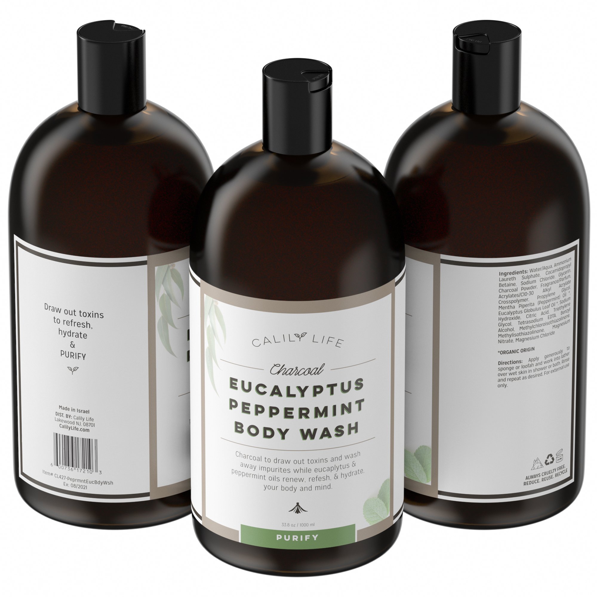 Calily Life Organic Detoxifying Charcoal + Eucalyptus + Peppermint Face and Body Wash, 33. 8 Oz. – Powerful Cleansing and Refreshing + Therapeutic, Invigorating & Relaxing [ENHANCED]