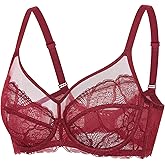DOBREVA Women's Sexy Lace Sheer Bra Unlined Minimizer Underwire Full Coverage See Through Bras