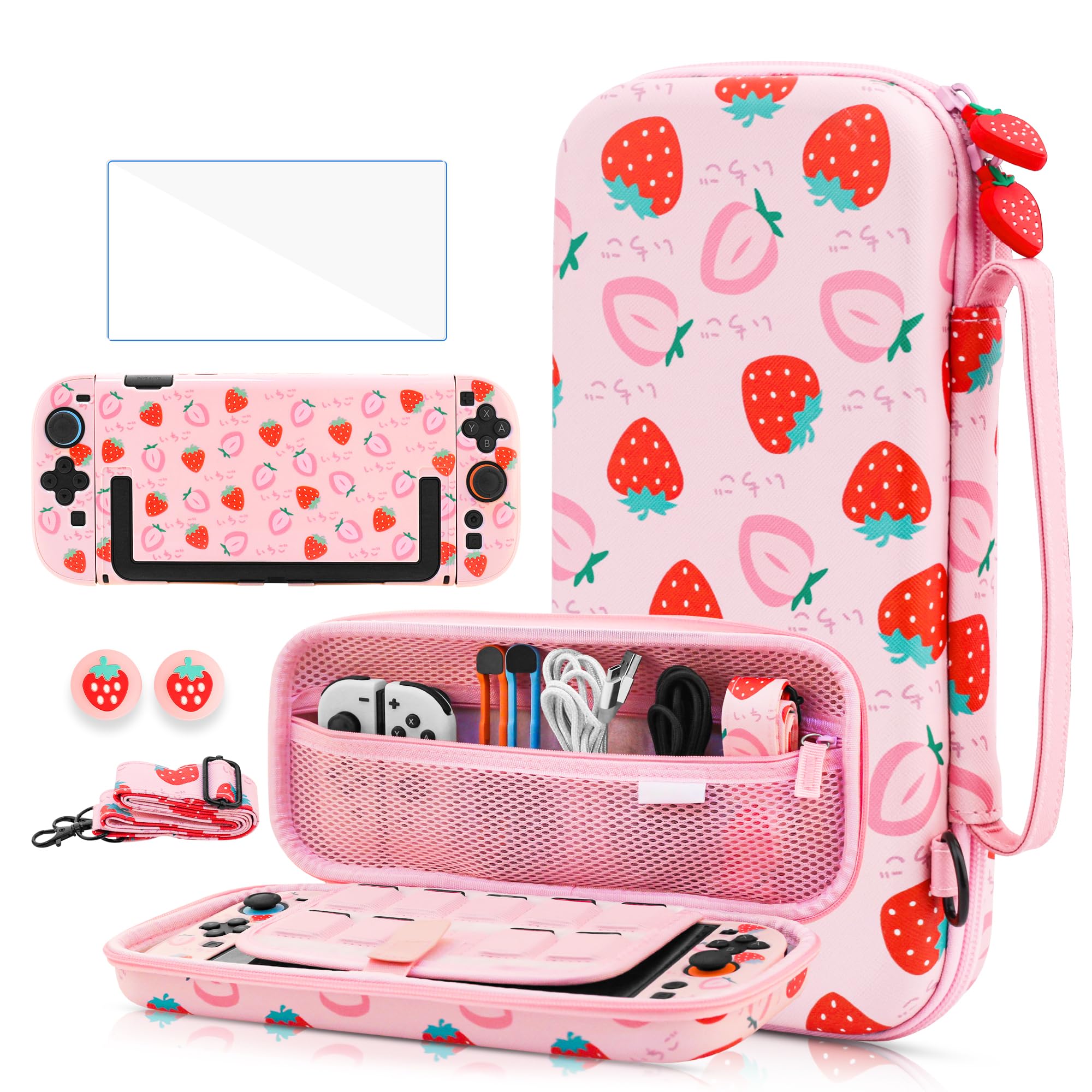 Photo 1 of GLDRAM Pink Strawberry Carrying Case for Nintendo Switch 2 (2025), Cute Girly Accessories Bundle with Travel Storage Bag, Hard Shell PC Protective Cover, Screen Protector, Thumb Grips & Shoulder Strap