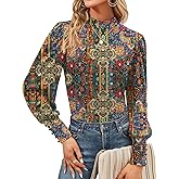 Qirno Womens Mock Neck Puff Long Sleeve Tops Casual Loose Solid Basic T Shirt Button Cuffs Pullovers Shirts Blouse