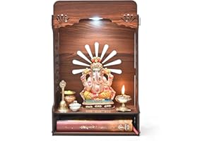 GIFT KYA DE Git Kya De Pooja Mandir for Home, Wooden Temple with Storage Shelf & LED Spotlight, DIY Wall Mounted Puja Mandirs, Home Temple Devghar, Puja Stand for God Idols, Office, Shop - (16 x 10 Inches)