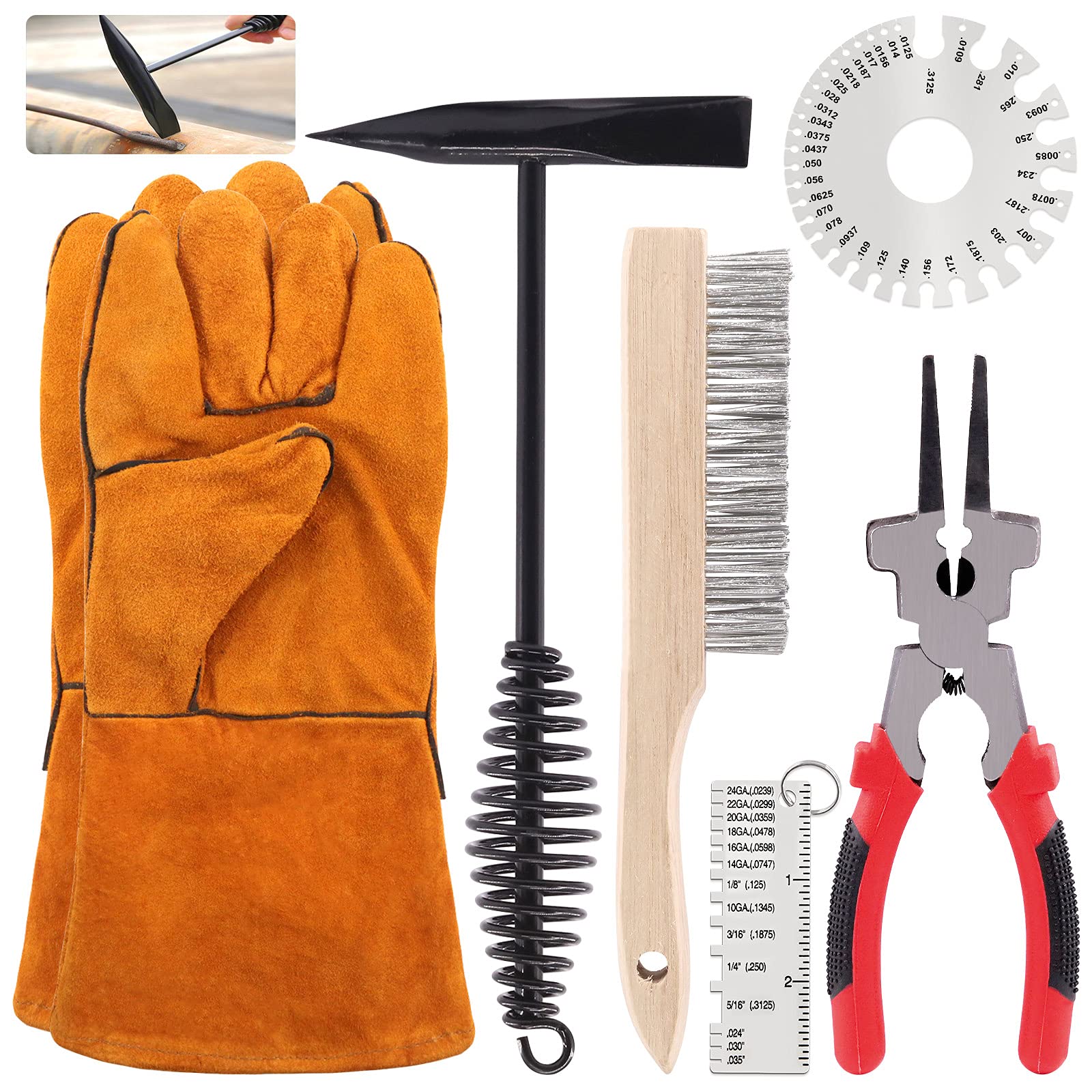 Hilitchi 6Pcs Welding Slag Removal Tool Set, 8inch Welding Pliers, Welding Chipping Hammer, Wire Brush Wire Scratch Brush and 2 Stainless Steel Metal Sheet Thickness Gauges