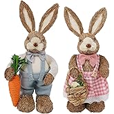 DR.DUDU Set of 2 Easter Decorations for Home- 14" Sisal Bunny Figurines with Carrot & Egg, Spring Straw Bunny Couple Farmhouse Centerpieces for Tables, Easter Rabbits Decor