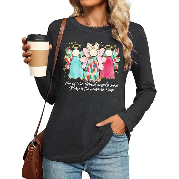 Women's Merry Christmas Long Sleeve T-Shirt - Xmas Tree Graphic & Letter Print Holiday Top