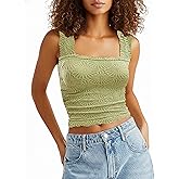 AIHUKOCY Women Square Neck Wide Strap Floral Crop Tank Top Sleeveless Lettuce Trim Solid Slim Cropped Cami Vest Tops