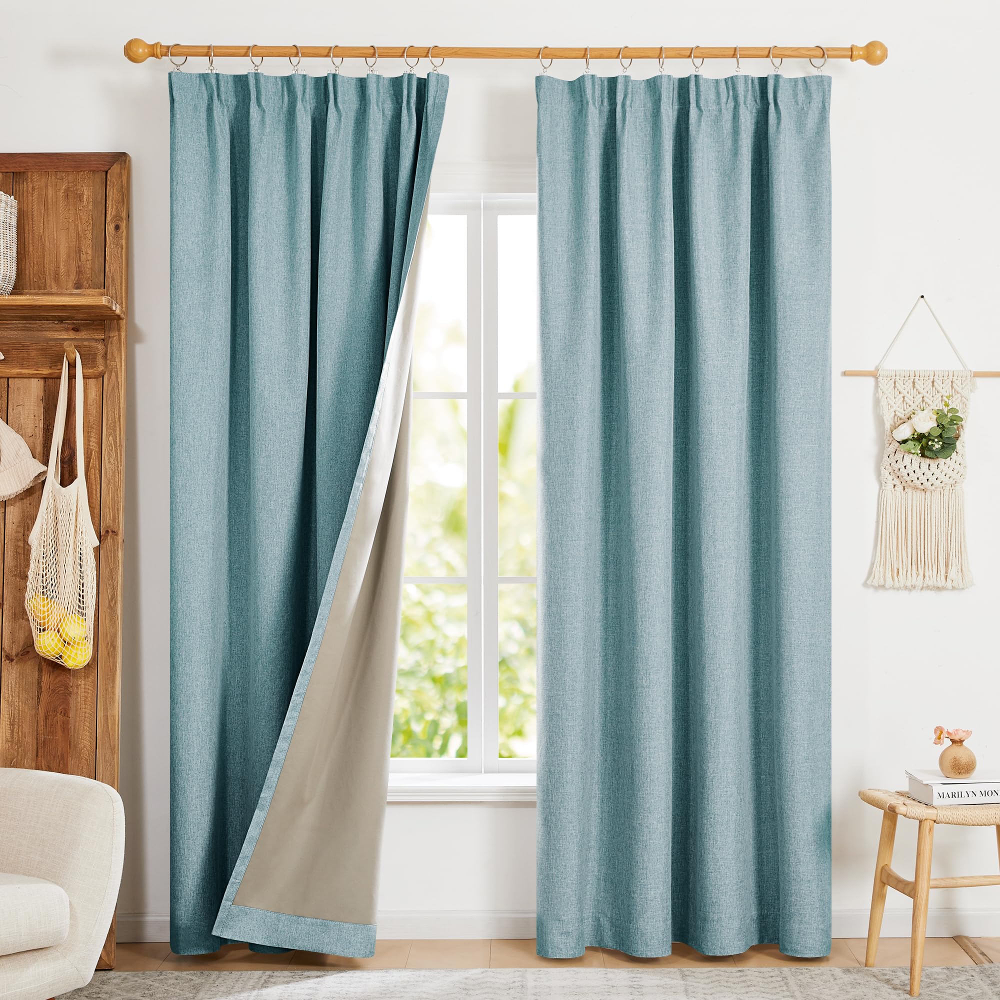 Deconovo Total Blackout Pencil Pleat Curtains Faux Linen Energy Saving Curtains for Window Treatments Turquoise W46 x L54 One Pair