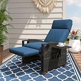 Grand patio Outdoor Recliner with Independent Adjustable Back and Footrest, Air Pump 150° Lay Flat Reclining Chair Removable Olefin Cushion Flip-Up Table Wicker Peacock Blue 1PC