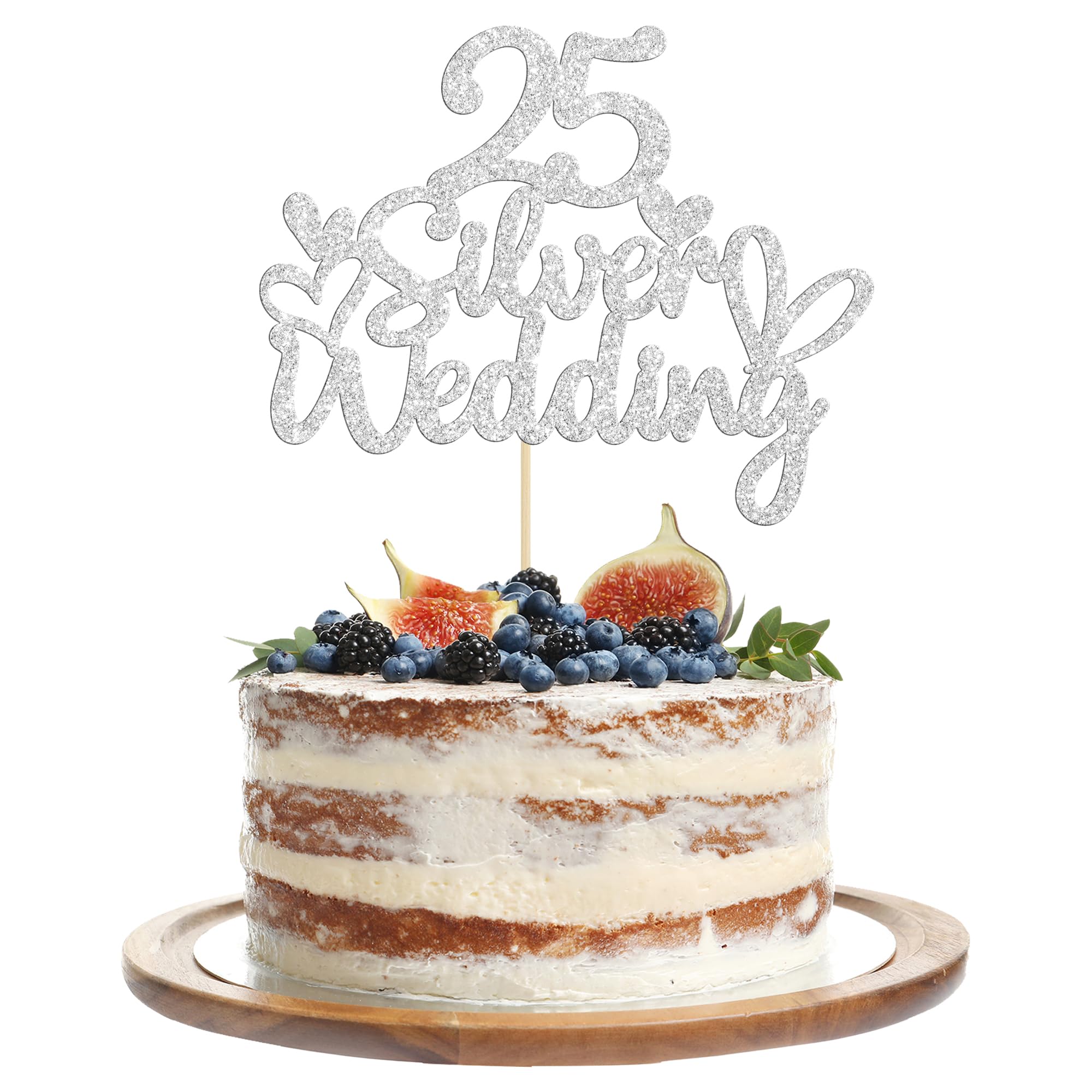 Gyufise 1Pcs 25th Wedding Anniversary Cake Toppers Silver Glitter 25th Wedding Anniversary Heart Cake Decoration for Celebration Party Supplies