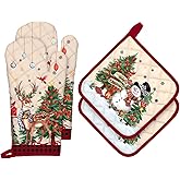 Arquiel Christmas Deer Snowman Oven Mitts and Pot Holders Sets 4Pcs, 100% Cotton Heat Resistant, Extra Long Oven Gloves Potholder for Kitchen Cooking Baking Decoration