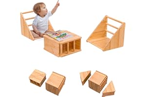 Woodtoe 4 PCS Montessori Weaning Table and Chair Set, 10+ Flexible Kids Furniture, Solid Wood Toddler Table and Chair Set, Children Chair Desk, Developmental Educational Toys for Boys Girls All Ages