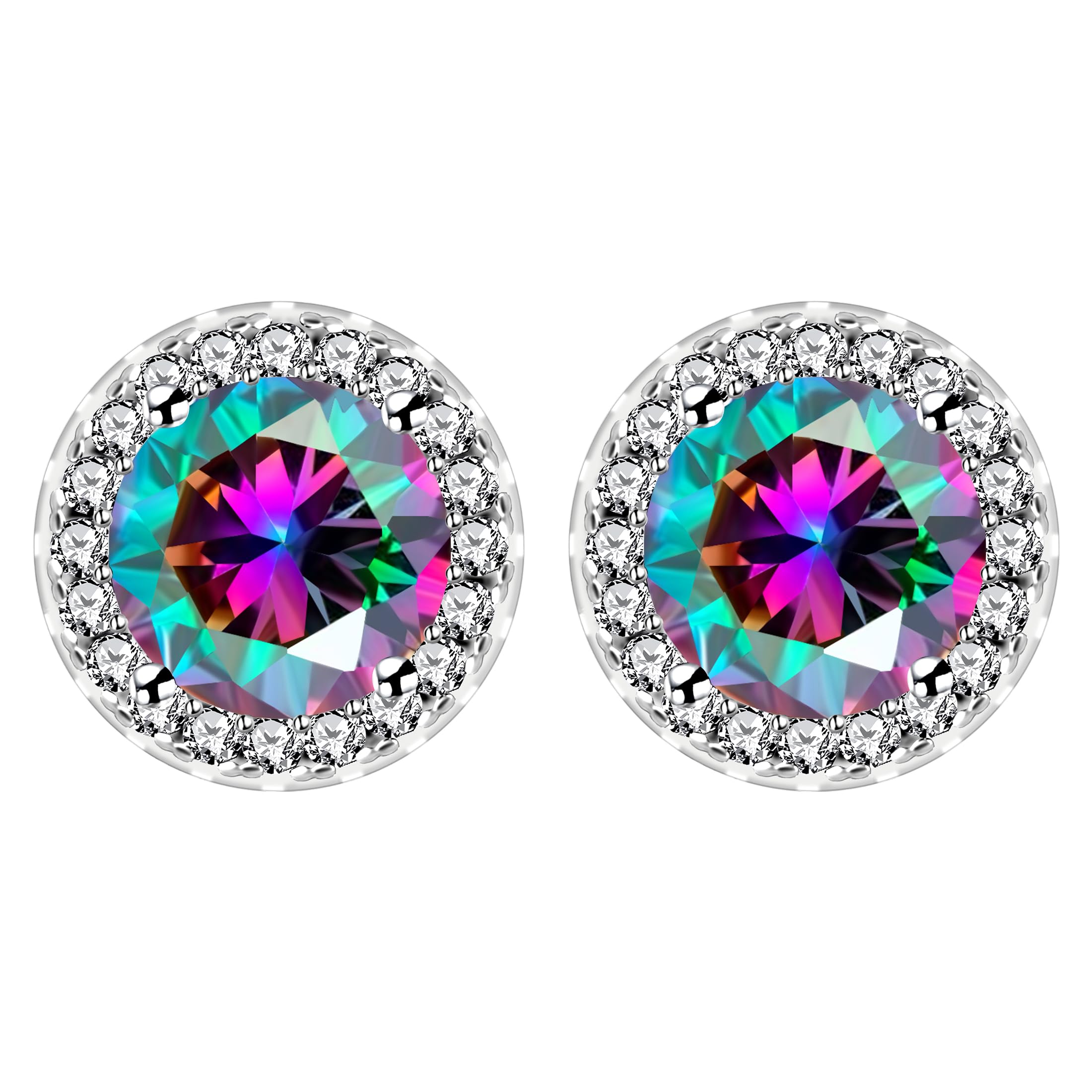 Uloveido Multi-Colored Zirconia Halo Solitaire Stud Earrings, Rainbow Round Cut Studs Womens Simulated Mystic Topaz Earring YA5034