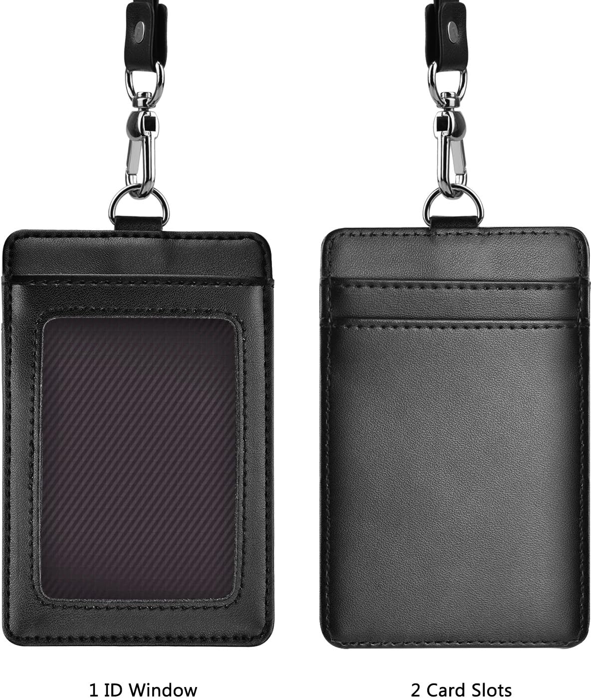 Fushing Vertical Genuine Leather ID Card Name Tag Badge Holder Protector with Neck Strap Lanyard for Business School Event (Black) - Image 4