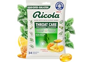Ricola MAX Throat Care Honey Lemon Drops with Extra Menthol Liquid Center - Maximum Cough and Sore Throat Relief for Cold & Flu Symptoms - 34 Count - Herbal Throat Lozenges