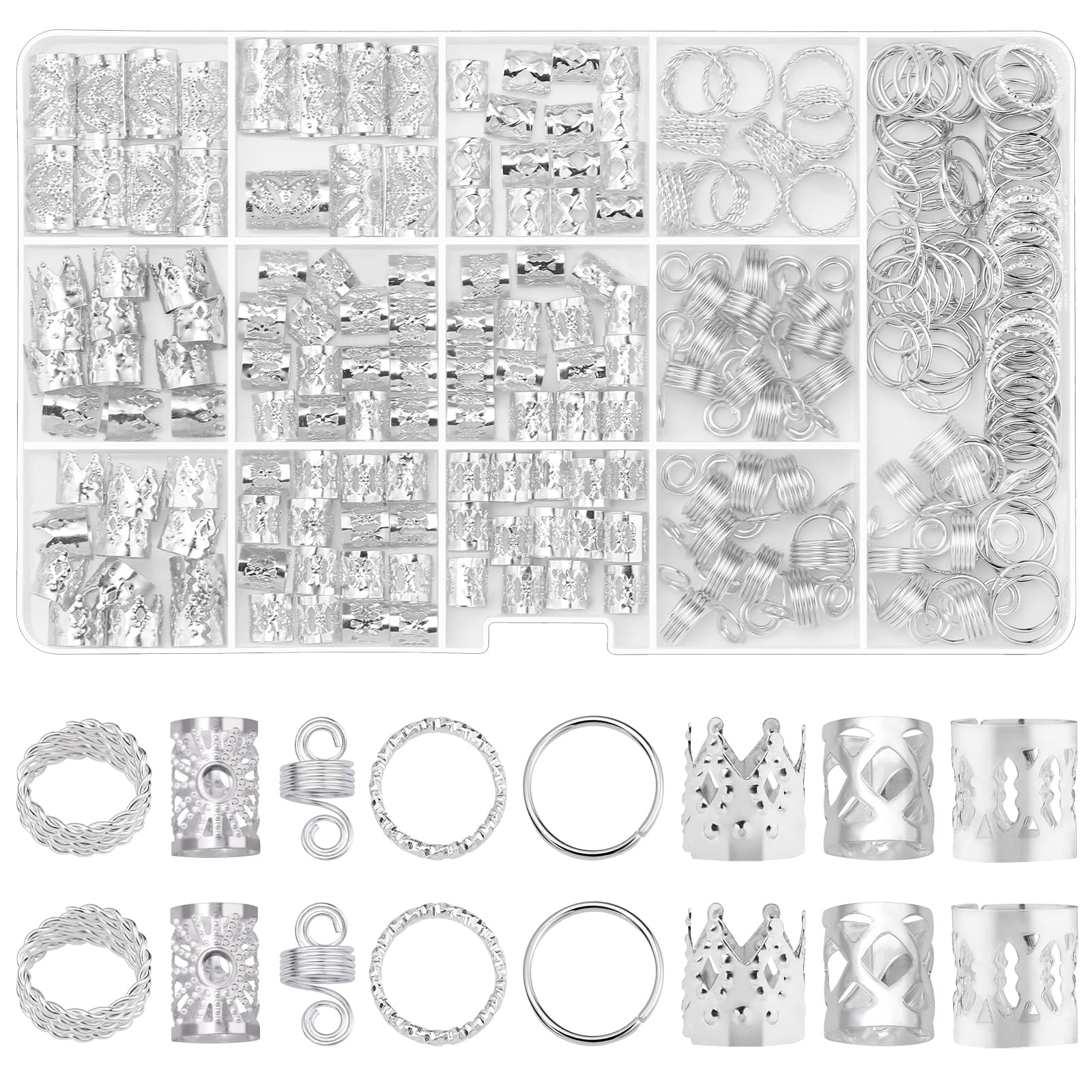 Etercycle 262pcs Hair Jewellery for Braids, Sliver Hair Dreadlock Beads Locs Accessories Hair Charms Rings Adjustable Hair Cuff for Women Girls Hair Braids Decoration (Sliver)