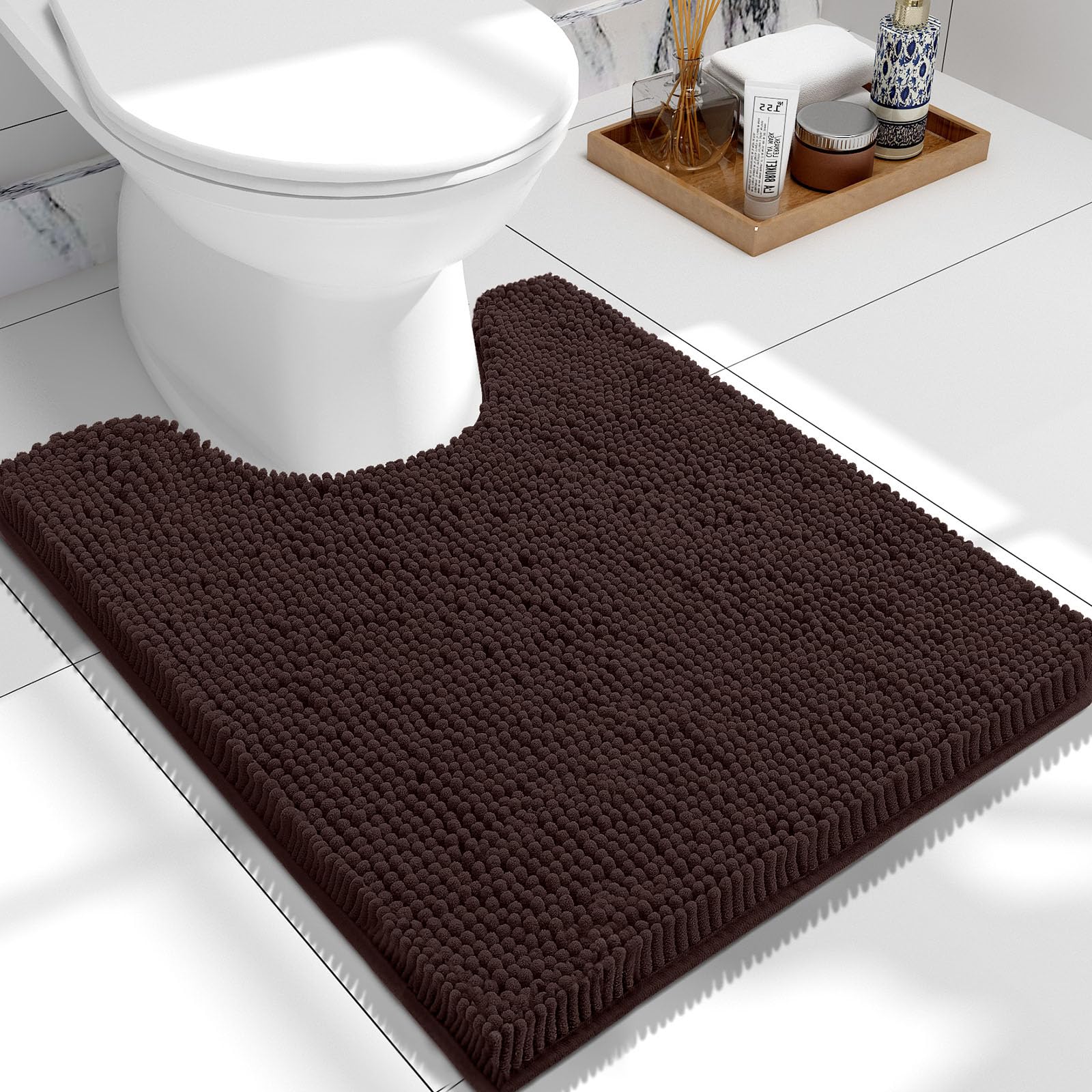 smiry Non-Slip Toilet Mat Extra Soft Absorbent Pedestal Mat for Toilet Thick Shaggy Chenille Bath Mat Machine-Washable Dry Bathroom Floor Mat, 50 x 60 cm, Dark Brown