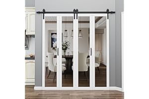 ARK DESIGN 72" x 84" 1 Lite Mirror Bi-Fold Barn Door with Hardware Kit Included, Pre-Assembled Panel HD Explosion-Proof Bi Fold Barn Door for Pantry, Closet, Primed White Finish with Water Resistance, Paintable