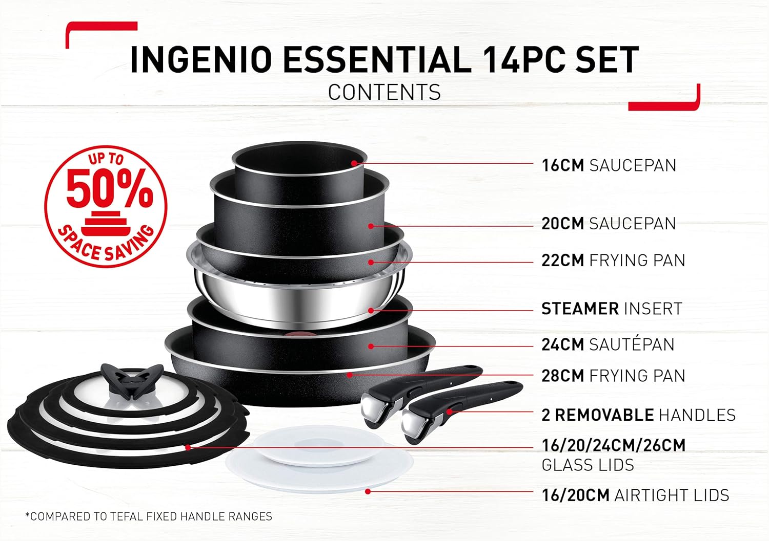 Tefal L2009542 Ingenio Essential - Juego de ollas y sartenes (14 piezas), color negro