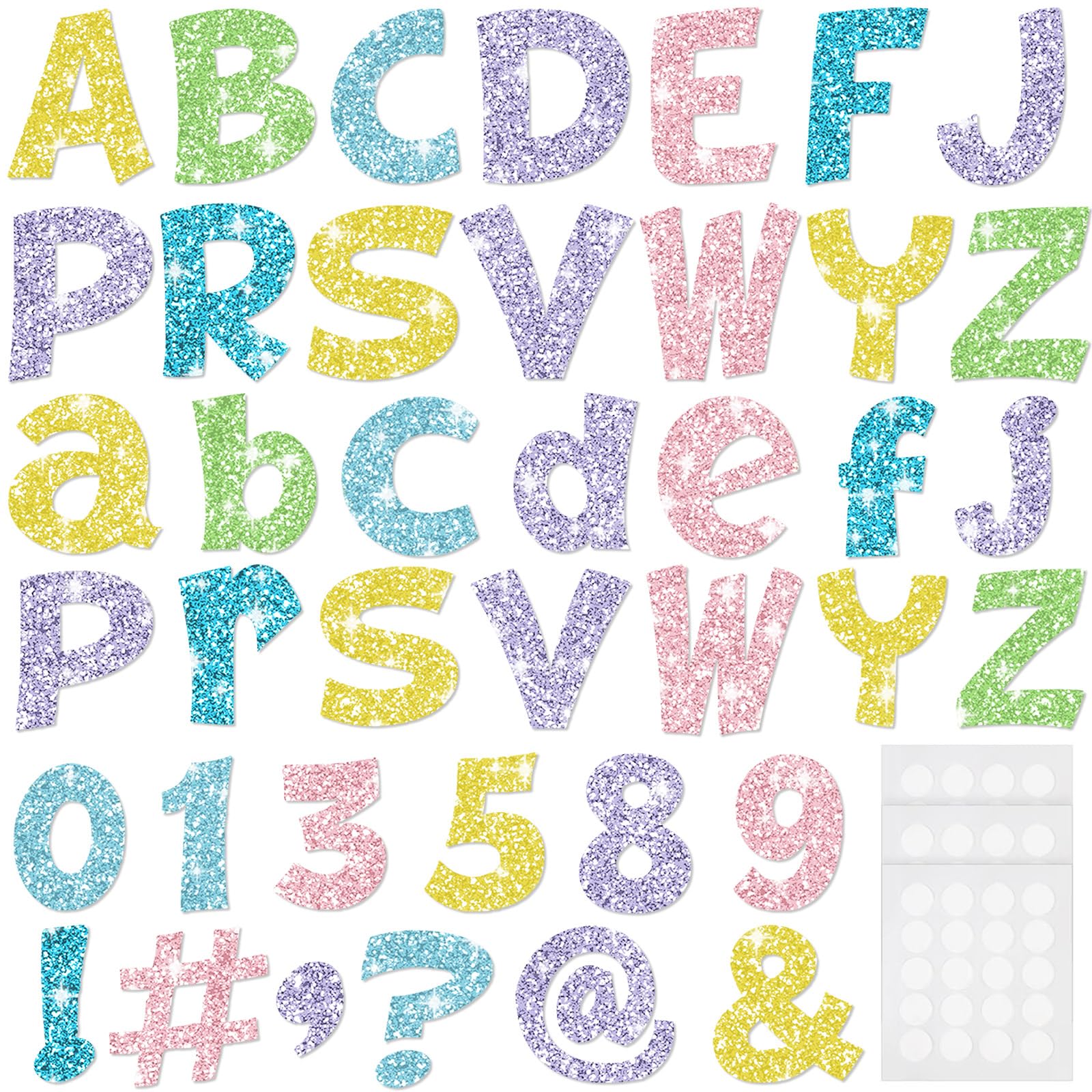 Photo 1 of Colarr 216 Pcs Glitter Bulletin Board Letters for Classroom Numbers Alphabet 4 Inch Poster Board Letters with Adhesive Dots Punctuation Symbols Cutout Bulletin Display School Decor(Mixed)
