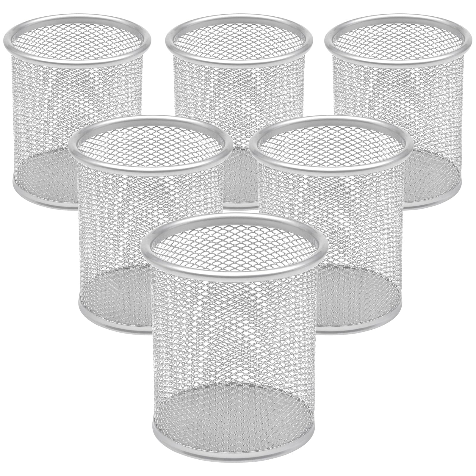 DIFIT 6PC Pen Holder, Metal Pen Pot, Silver Pencil Pot, Mesh Pen Holder, Portable Durable Pen Cup, Pen Pots for Desk, Pen Holder for Office/Learning/School/Home, Round