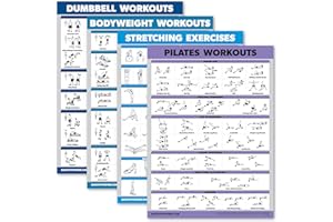 Palace Learning 4 Pack - Dumbbell Workouts + Bodyweight Workouts + Stretching Exercises + Pilates - Set of 4 Workout Charts (
