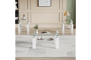 YOUGUO Glass Coffee Table Set of 3, 3-Piece Living Room Tables with Tempered Glass and Metal Frame, Coffee and End Table Sets, White