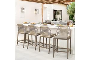 Cozyman Outdoor Bar Stools, Rattan Outdoor Counter Height Bar Stools Set of 4, 26.5" H Woven Rope Patio Bar Chairs with Aluminum Legs for Kitchen, Yellowish Slate Gray