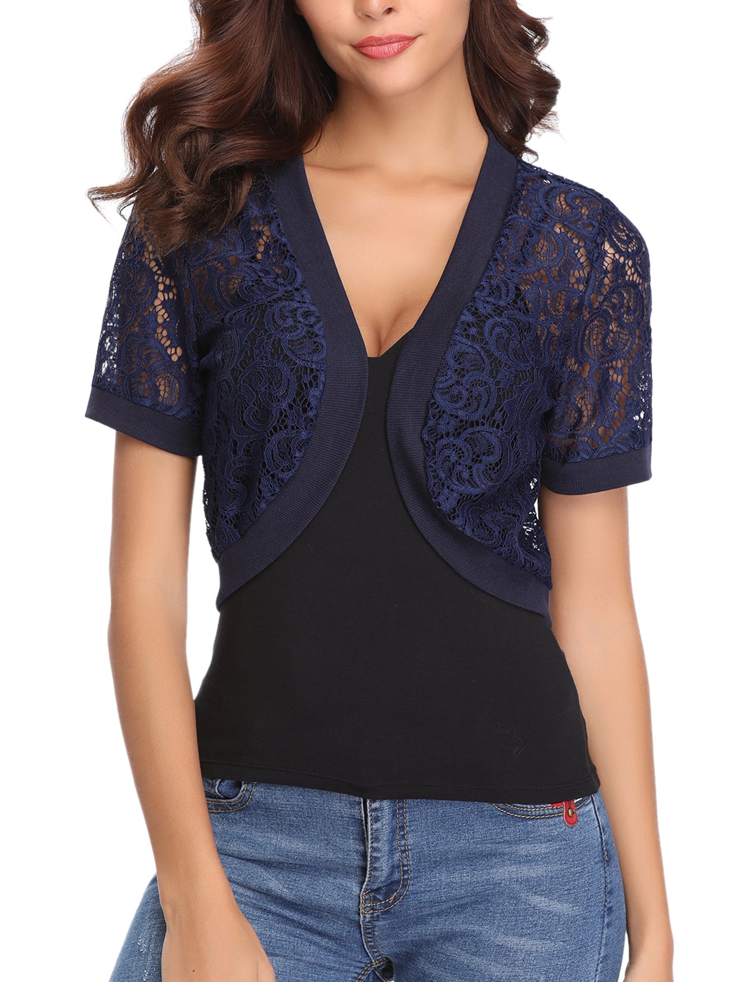 Abollria Womens Shrugs Summer Floral Lace Short Sleeve Open Front Bolero Cardigan