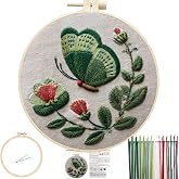 FONNUY Green Plants Embroidery Kit, Cross Stitch Kits for Beginners, Handmade Crafts with Printed Patterns for Beginner Adults, Easy to Follow Color Thread Needlework, 8'' Hoop (Butterfly)