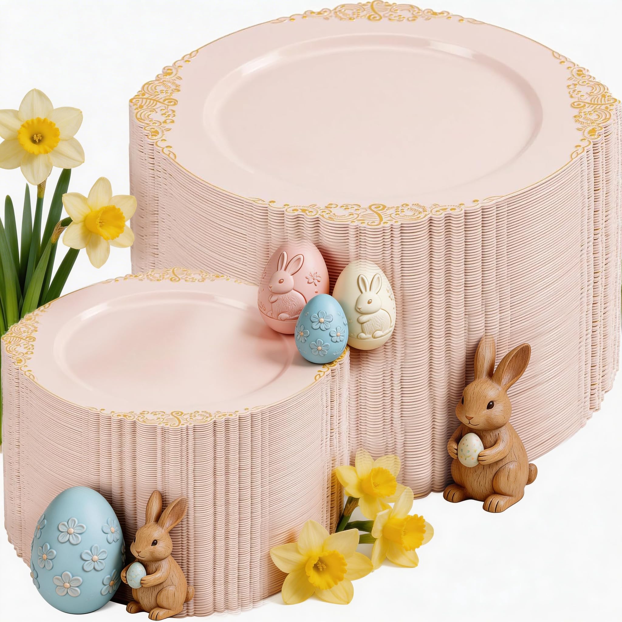 Photo 1 of Joyido 200PCS Pink and Gold Plates - Pink Plastic Plates - Fancy Disposable Plate with Gold Rim - Vintage Wedding Dinner & Dessert Plate Easter for 100 Guests for Wedding & Bridal Shower