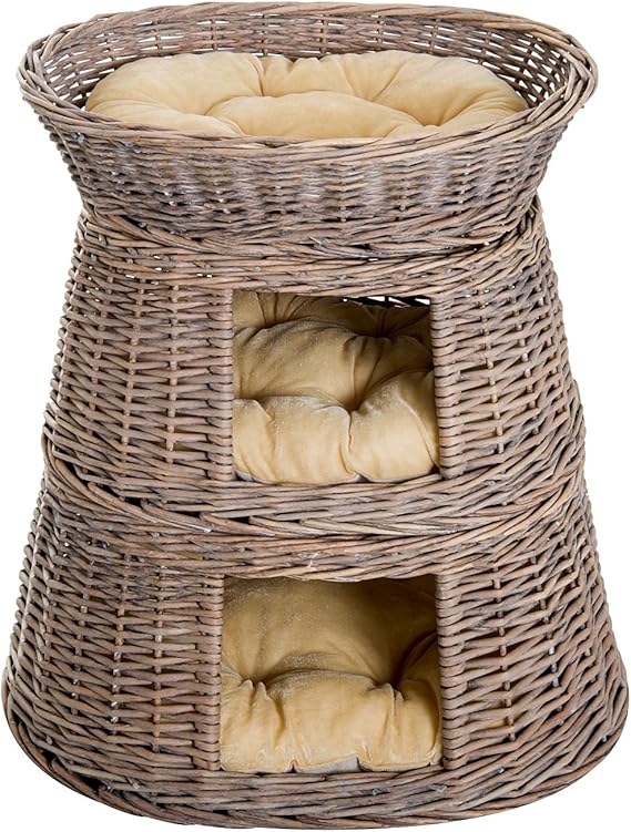 PawHut Handmade Wicker Cat Cave Indoor Play House with Cushion, 3Tier