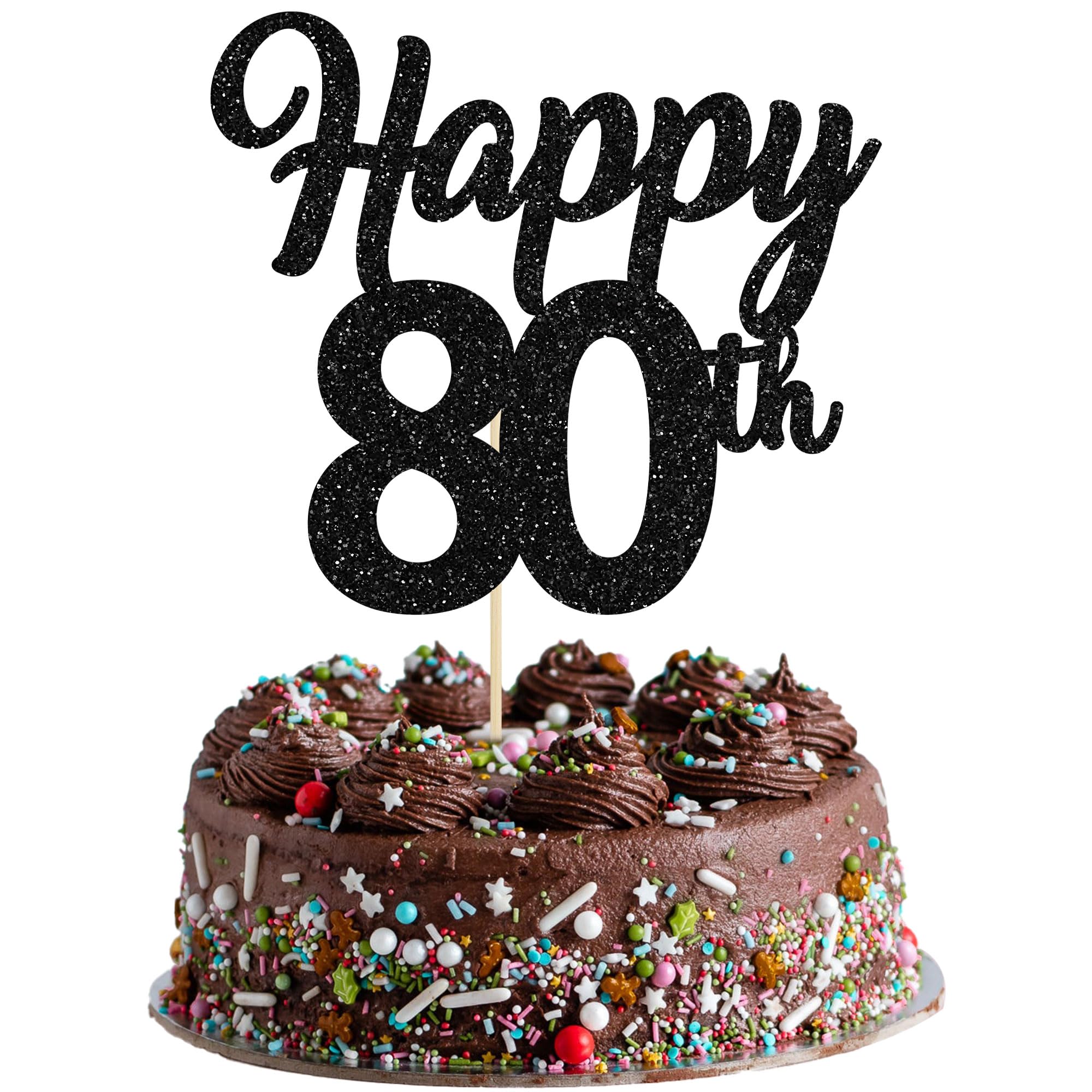 3Pcs Happy 80th Cake Topper Black Glitter Number 80 Eighty Birthday Cake Pick Decorations for Cheers to 80 Years Old 80th Birthday Wedding Anniversary Party Supplies