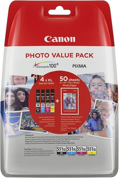 Canon CLI-551 XL Ink Cartridge Pack 4 Black Cyan Magenta Yellow XL Genuine