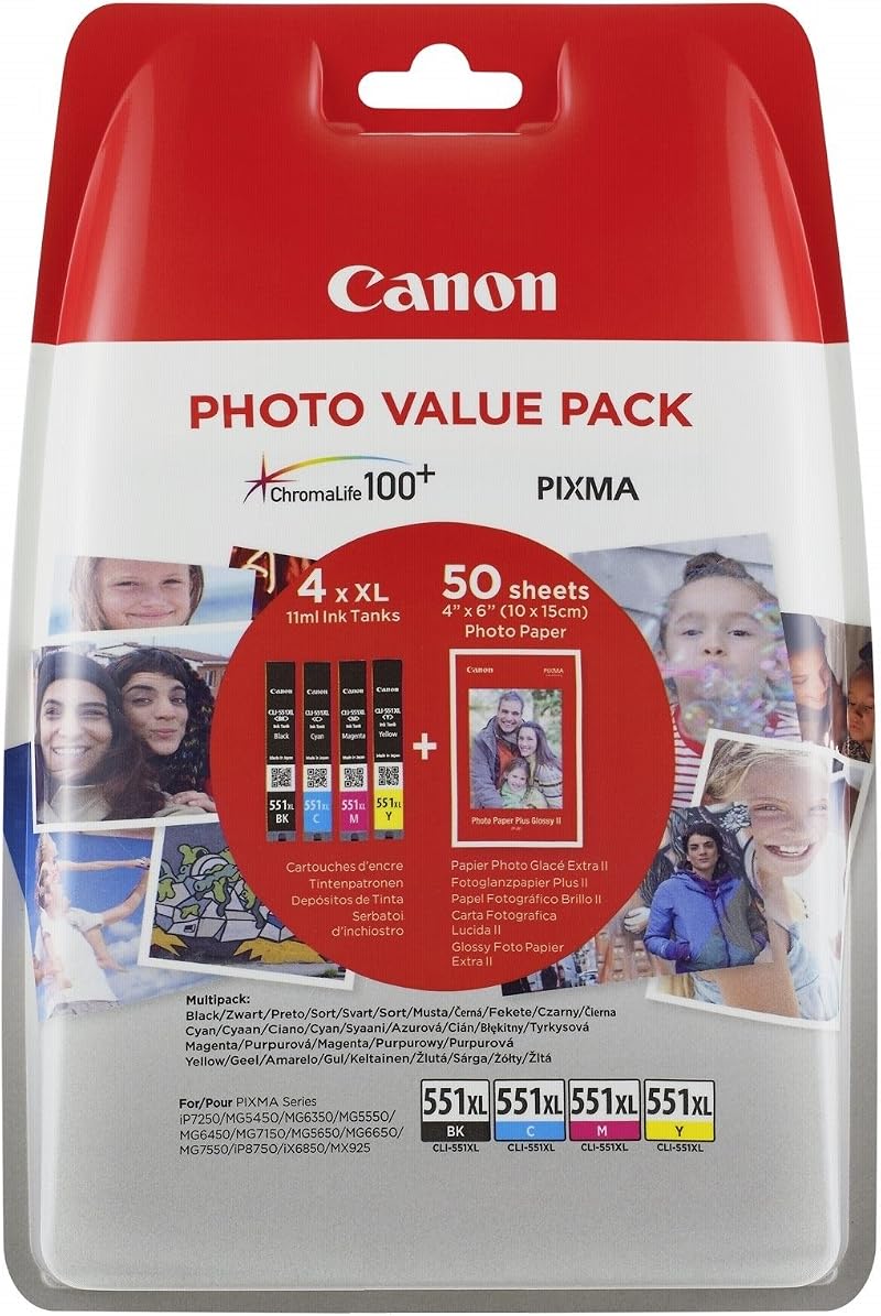 Canon CLI-551 XL Ink Cartridge Pack 4 Black Cyan Magenta Yellow XL Genuine