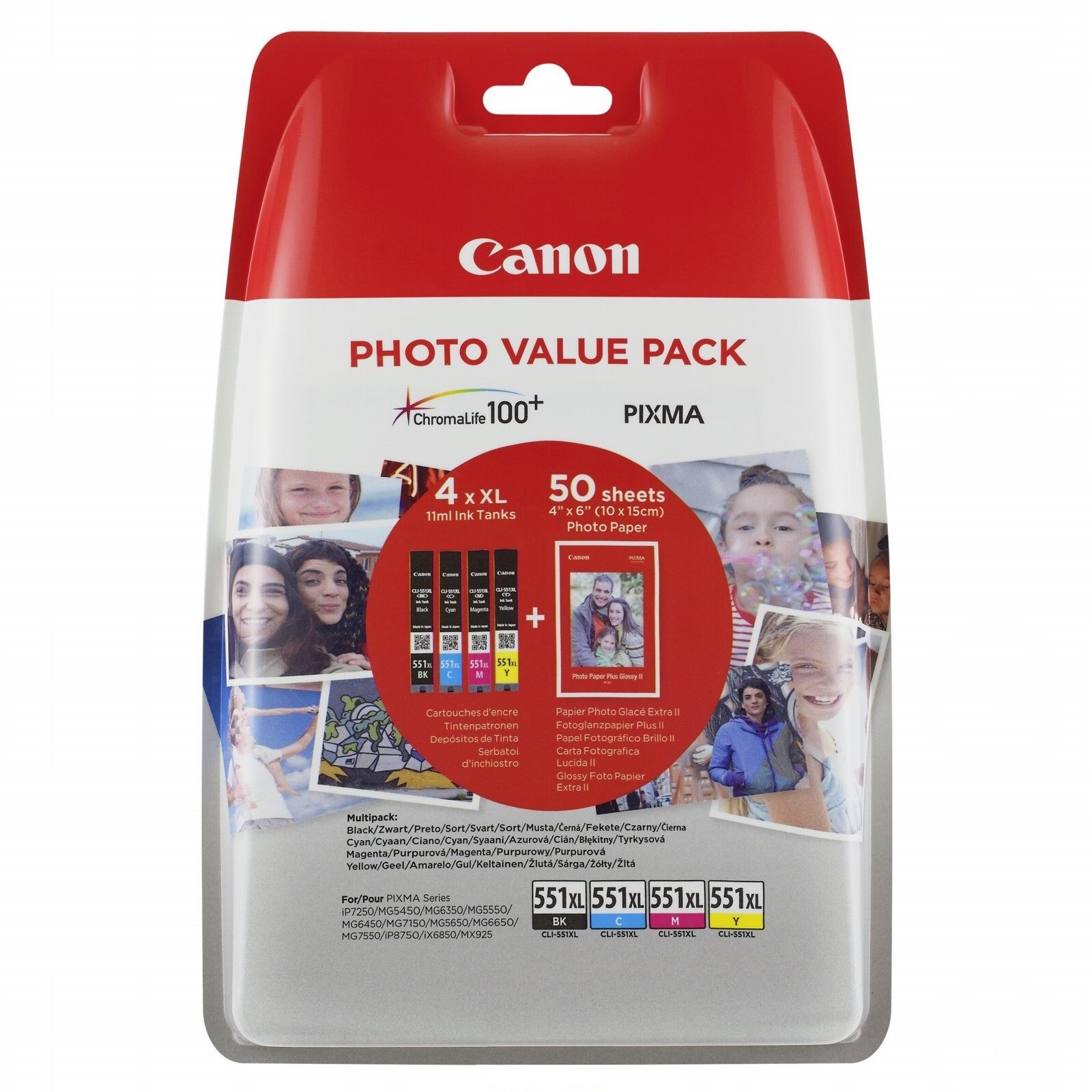 Canon CLI-551 XL C M Y BK Pack of 4 cartridges (Black XL Cyan XL Magenta XL Yellow XL) Genuine (Plastic Pack)