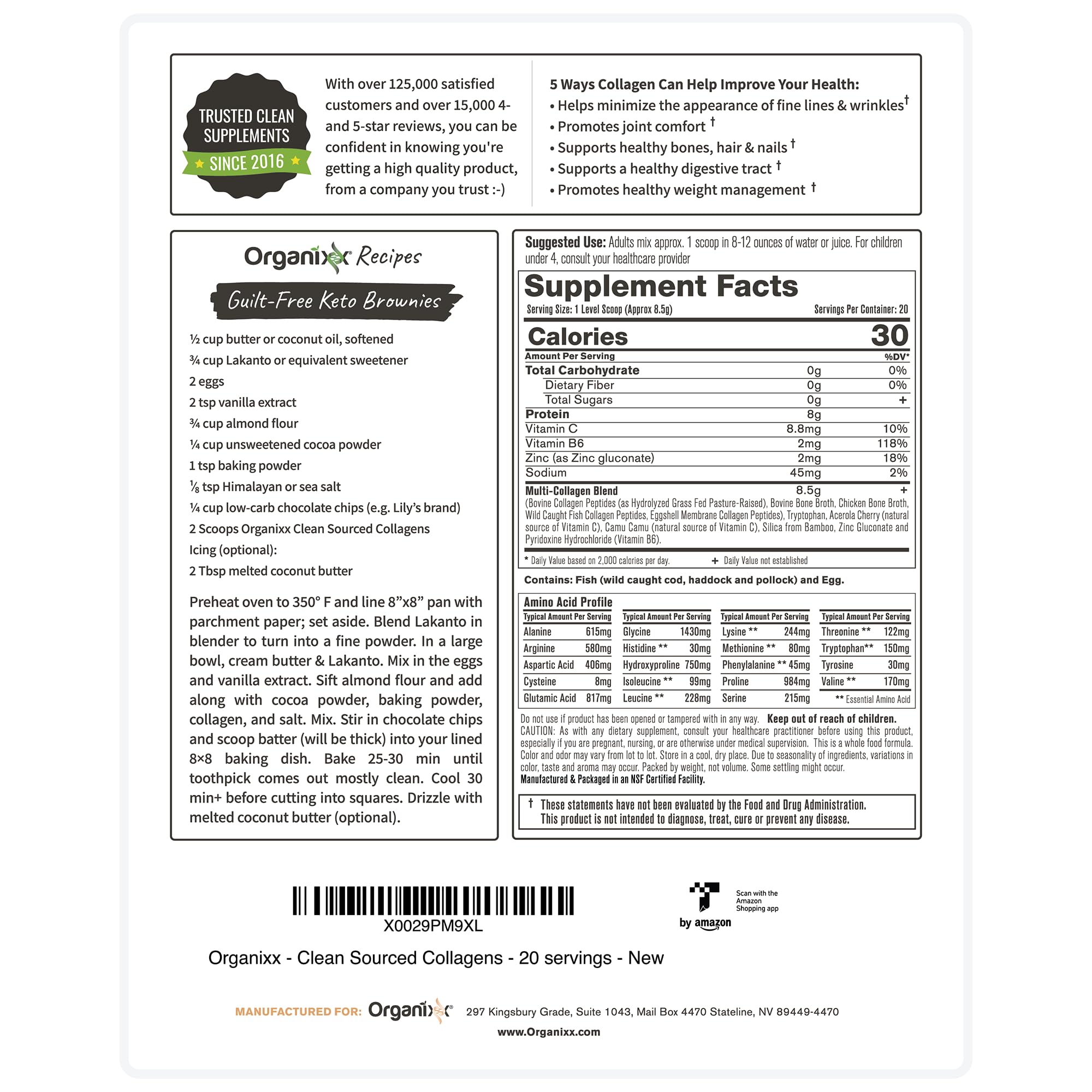 Organixx Collagen Peptides Powder with Vitamin C, Types I, II, III, V, X Hydrolyzed Collagen, Hair, Nail, Skin, Bone & Joint Health, Aging Support, Clean Sourced, Gluten Free, Unflavored, 20 Servings