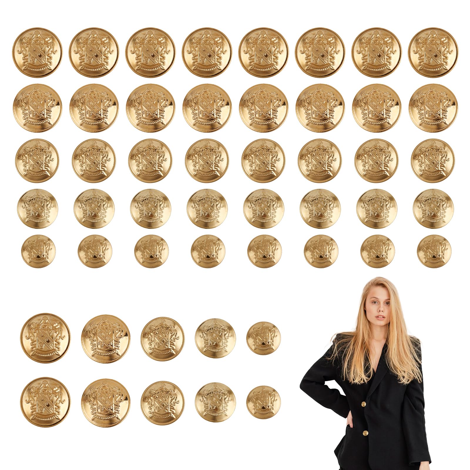 NICENEEDED 50PCS Vintage Metal Blazer Button Set, 5 Sizes Antique Brass Suit Buttons for Men, Emblem Crest Shank Buttons Sewing Buttons for Suits Jeans Jacket Sport Coat