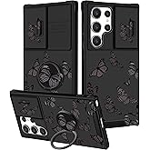 Goocrux (2in1 for Samsung Galaxy S23 Ultra Case Black Butterfly for Women Girls Girly Phone Cover Cute Butterflies Design with Slide Camera Cover+Ring Holder Fashion Cases for S23 Ultra 5G 2023 6.8''