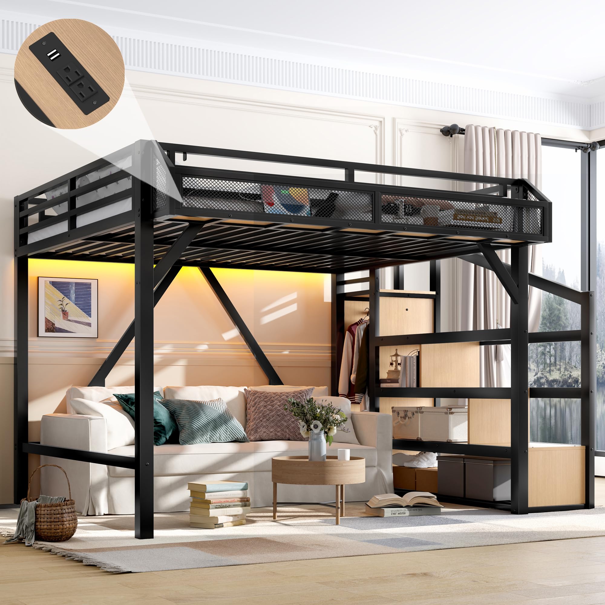 Photo 1 of  box 2 partial set****Bellemave Metal Queen Size Loft Bed with Stairs and Wardrobe,Heavy Duty Loft Bed Frame with LED Lights and Charging Station for for Kids, Teens, Adults, Natural Wood
