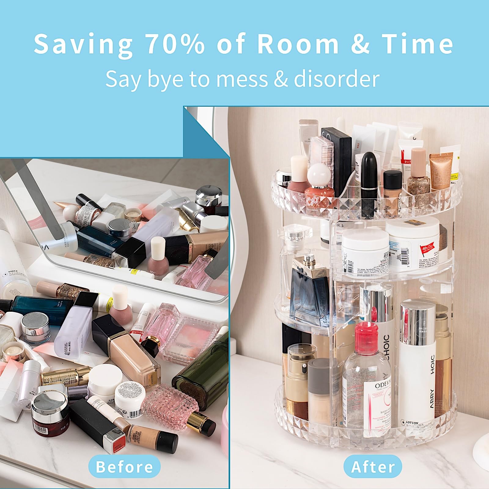 V-HANVER 360 Rotating Makeup Organizer Perfume Organizer Clear Cosmetic Storage Display Case Large Capacity Acrylic Beauty Holder Adjustable Partition Height for Bedroom Dresser or Bathroom Vanity